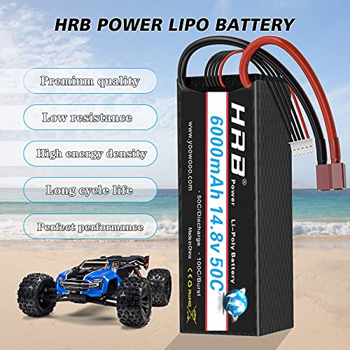 HRB 14,8V 6000mAh 4S 50C Batería de Lipo Recargable con Conectores Tipo T para Drone RC Cars, Camión RC, Avión RC, Helicóptero RC, Barco RC