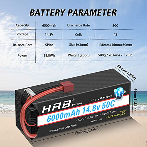 HRB 14,8V 6000mAh 4S 50C Batería de Lipo Recargable con Conectores Tipo T para Drone RC Cars, Camión RC, Avión RC, Helicóptero RC, Barco RC