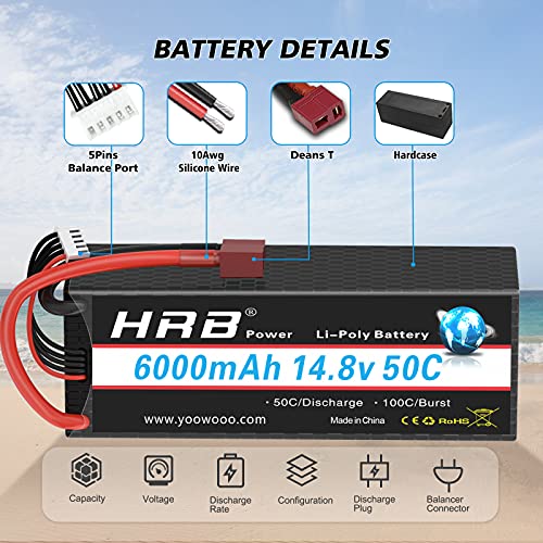 HRB 14,8V 6000mAh 4S 50C Batería de Lipo Recargable con Conectores Tipo T para Drone RC Cars, Camión RC, Avión RC, Helicóptero RC, Barco RC