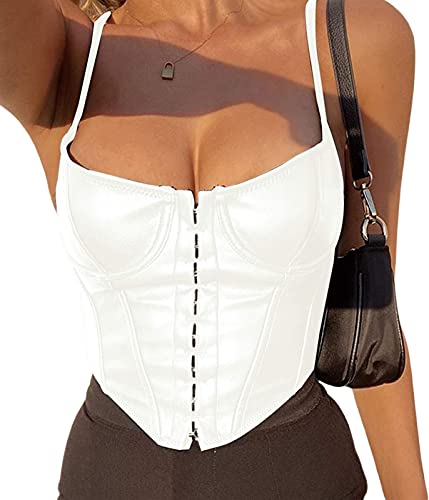 Huyghdfb Women Sexy Fuax Leather Spaghetti Strap PU Corset Halter Boned Bustiers Club Crop Top Camis (White, S)