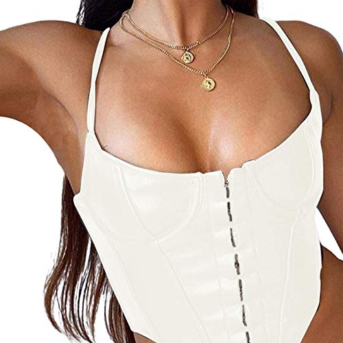 Huyghdfb Women Sexy Fuax Leather Spaghetti Strap PU Corset Halter Boned Bustiers Club Crop Top Camis (White, S)