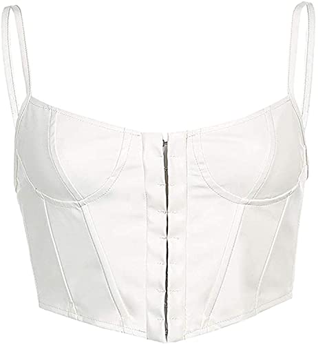 Huyghdfb Women Sexy Fuax Leather Spaghetti Strap PU Corset Halter Boned Bustiers Club Crop Top Camis (White, S)