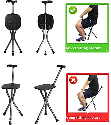 HYHMJ-Silla Baston Plegable, Altura Ajustable Bastón De 3 Patas, Con Luces LED Discapacidad Asistencia Médica Silla Muleta, Hombres/Mujeres Universal Bastones 3 Patas,Negro