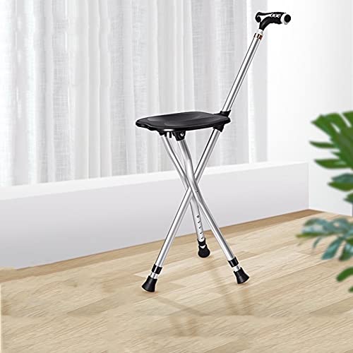 HYHMJ-Silla Baston Plegable, Altura Ajustable Bastón De 3 Patas, Con Luces LED Discapacidad Asistencia Médica Silla Muleta, Hombres/Mujeres Universal Bastones 3 Patas,Negro