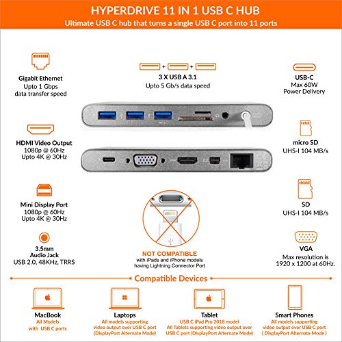 Hyper Unidad USB Hub C, Tipo C Soporte para Adaptador W de Potencia a la Carga, USBC 5Gbps de Datos, 4K HDMI, Puertos 3xUSB 3.1, VGA, Etc. Space Gray