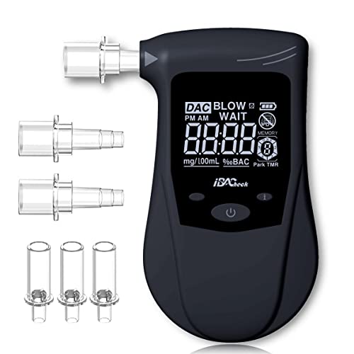 iBACheck Alcoholímetro Recargable función de Ajuste de luz de Fondo. Probador de Alcohol Digital con bajo Consumo y 10 memorias (Negro)