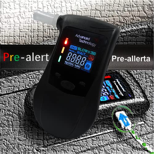 iBACheck Alcoholímetro Recargable función de pre-Alerta. Prueba de Alcohol Digital Pantalla de 4 Colores con bajo Consumo de energía y Reloj en Tiempo Real, 10 memorias (12 boquillas)