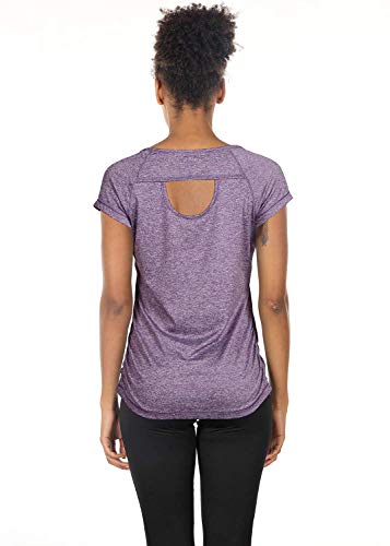 icyzone Camiseta de Fitness Deportiva de Manga Corta de Espalda Abierta para Mujer para Gimnasio -S-Lavanda