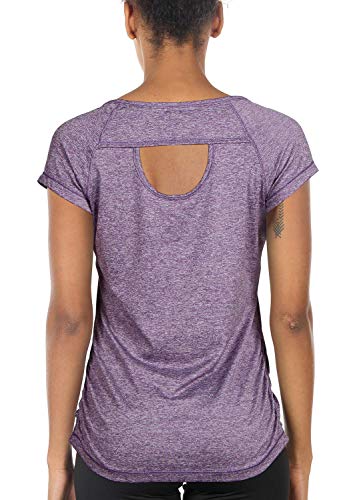 icyzone Camiseta de Fitness Deportiva de Manga Corta de Espalda Abierta para Mujer para Gimnasio -S-Lavanda