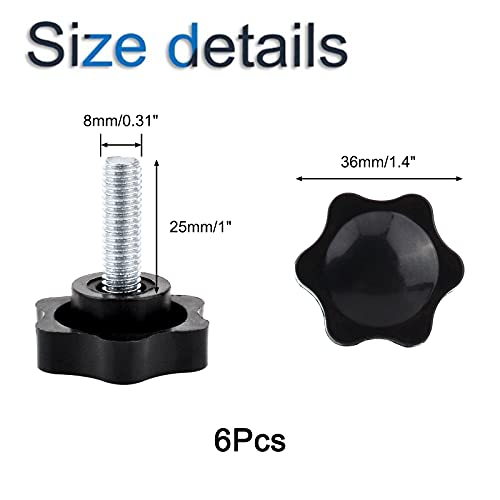 INCREWAY 6 Piezas M8*25mm Perilla de estrella, Negro plástico Tornillo de Mano moleteado roscado Perilla de sujecion perilla de la máquina herramienta