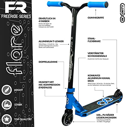 Infinity Scooters Patinete Freestyle para Adultos y Niños a Partir de 8 años - Patinete de Trucos y Saltos con Rodamientos ABEC-9 Ruedas 100mm de PU con Barra 360 Grados (Flare Azul)