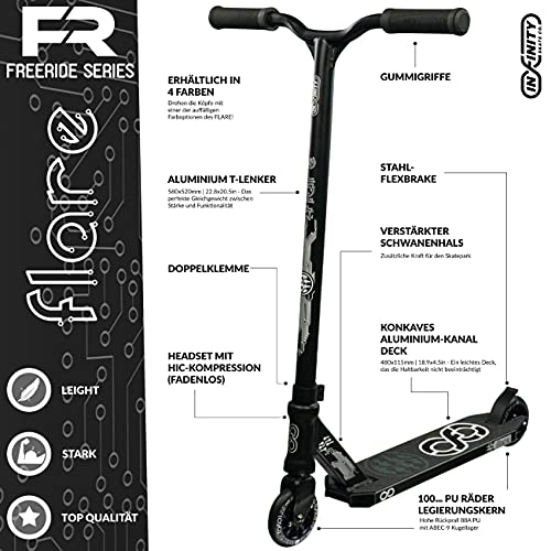 Infinity Scooters Patinete Freestyle para Adultos y Niños a Partir de 8 años - Patinete de Trucos y Saltos con Rodamientos ABEC-9 Ruedas 100mm de PU con Barra 360 Grados (Flare Negro)