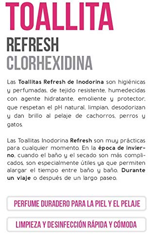 Inodorina Toallitas Desinfectantes para Perros y Gatos Refresh Clorhexidina (40 Unidades). Toallitas Húmedas de Higiene para Mascotas, Tejido Resistente Sin Alcohol. No Testado en Animales.