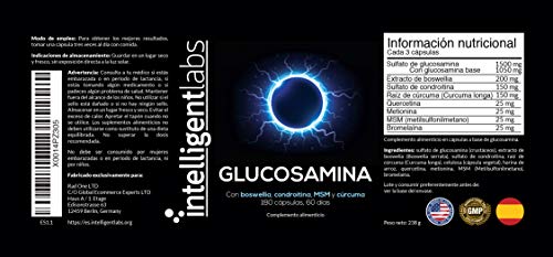 Intelligent Labs Glucosamina de 1500 mg con Triple Fuerza, con MSM, Condroitina, Cúrcuma, Boswellia y Quercetina, 180 Cápsulas