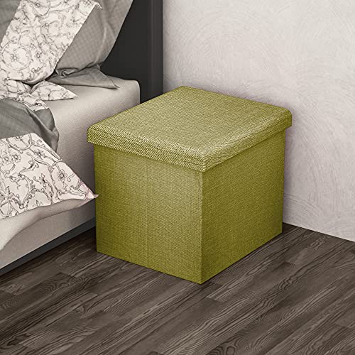 INTIRILIFE Puff Baúl Plegable 30x30x30 cm in Verde Primavera – Taburete Almacenaje Tapizado de Textil Tela Óptica Lino per Almacenamiento y Reposapiés – Asiento Silla Tejido Banqueto