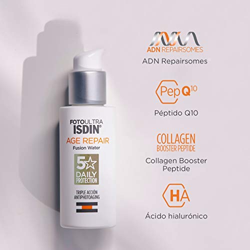 ISDIN - FotoUltra Age Repair Fusion Water SPF 50 - Protector solar facial de fase acuosa, triple acción anti-fotoenvejecimiento, 50 ml