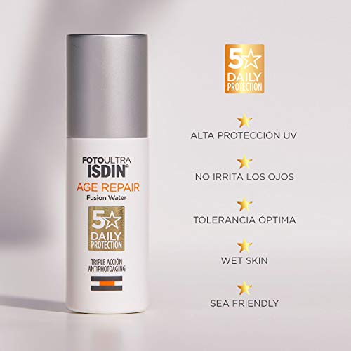 ISDIN - FotoUltra Age Repair Fusion Water SPF 50 - Protector solar facial de fase acuosa, triple acción anti-fotoenvejecimiento, 50 ml