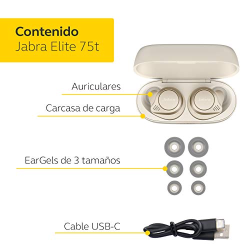 Jabra Elite 75t, Auriculares Bluetooth con Cancelación Activa de Ruido y batería de larga duración, Llamadas y música verdaderamente inalámbricas, Beige Dorado