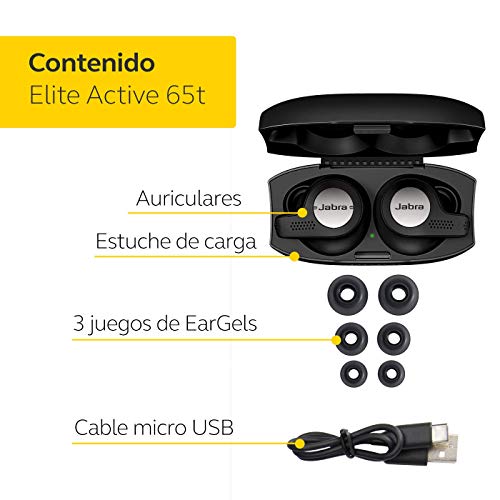 Jabra Elite Active 65t, Auriculares Deportivos Bluetooth con Cancelación Pasiva de Ruido y Sensor de Movimiento, Auténticas Llamadas Inalámbricas y Música, Negro Titanio