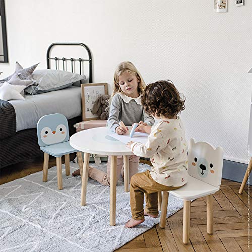 Janod - Mesa y 2 sillas de madera con forma de témpano - Mesa infantil redonda con portalápices extraíble - 1 silla con forma de oso polar y 1 silla con forma de pingüino - A Partir de 3 años, J09650