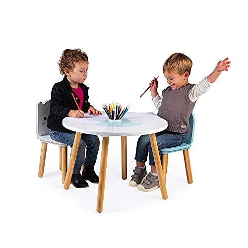 Janod - Mesa y 2 sillas de madera con forma de témpano - Mesa infantil redonda con portalápices extraíble - 1 silla con forma de oso polar y 1 silla con forma de pingüino - A Partir de 3 años, J09650