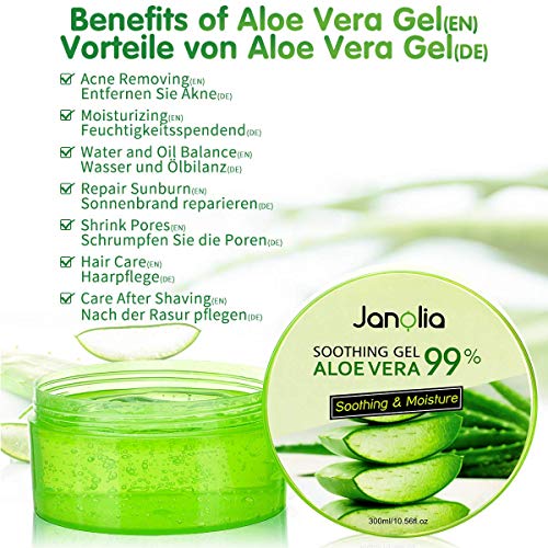 Janolia Gel de Aloe Vera, 300g Crema Hidratante con Ácido Hialurónico y Vitamina C, Gel Calmante e Hidratante, para Pieles Secas y Quemaduras Solares, Aloe Vera Gel Antioxidante