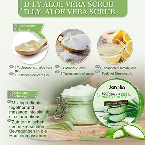 Janolia Gel de Aloe Vera, 300g Crema Hidratante con Ácido Hialurónico y Vitamina C, Gel Calmante e Hidratante, para Pieles Secas y Quemaduras Solares, Aloe Vera Gel Antioxidante