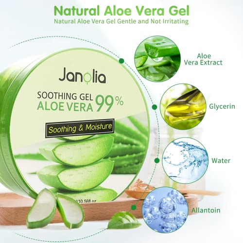 Janolia Gel de Aloe Vera, 300g Crema Hidratante con Ácido Hialurónico y Vitamina C, Gel Calmante e Hidratante, para Pieles Secas y Quemaduras Solares, Aloe Vera Gel Antioxidante