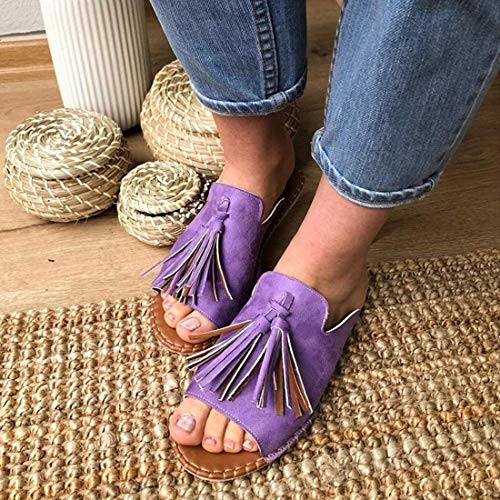 JFFFFWI Sandalias para Mujer Sandalias de Cuero con borlas y Plataforma Zapatos con Hebilla de Punta Cerrada Suela Plana de Cuero de PU Sandalias de corrección de pie con Punta Grande Corrector orto