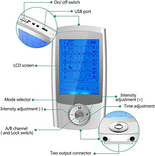 JiuFei Electroestimulador Digital EMS TENS Masaje Recargable 16 Modos 8 Pads 2 Canales Estimulador Recargable Masajeador Electro para Alivio del Dolor …