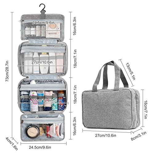 JOLIGAEA Neceser de Viaje, Neceser Mujer Maquillaje, Bolsa de Aseo Impermeable con el Gancho Colgante, Viaje Camping Cosas Necesarias, Organizador de Cosméticos, Gris