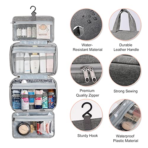 JOLIGAEA Neceser de Viaje, Neceser Mujer Maquillaje, Bolsa de Aseo Impermeable con el Gancho Colgante, Viaje Camping Cosas Necesarias, Organizador de Cosméticos, Gris