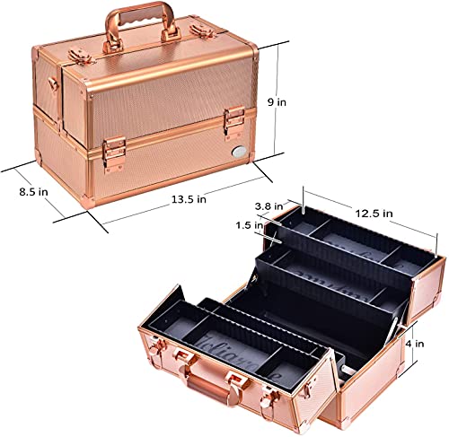 Joligrace Maletín Maquillaje Grande Profesional Vacío Beauty Case Neceser Maquillaje Caja Organizador de Viajer Joyero y Manicura Cosméticos con Bandolera y Cerradura 34x21.5x23cm,Dorado Rosa