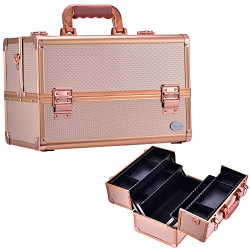 Joligrace Maletín Maquillaje Grande Profesional Vacío Beauty Case Neceser Maquillaje Caja Organizador de Viajer Joyero y Manicura Cosméticos con Bandolera y Cerradura 34x21.5x23cm,Dorado Rosa