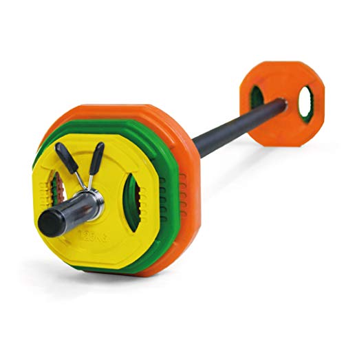 JOWY Juego Body Pump, Juego con Discos y Barra combinables hasta 17,5 kg, Ideal para la práctica de Ejercicios de Crossfit o musculación y finess. Tu casa es tu Gimnasio.