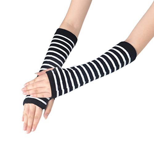 JOYKK Mujeres Niñas Guantes Largos sin Dedos de Punto Rayas Impresas hasta el Codo Invierno Estiramiento del Brazo Mangas más Calientes con Orificio para el Pulgar - 10# Rosa Rojo + Negro