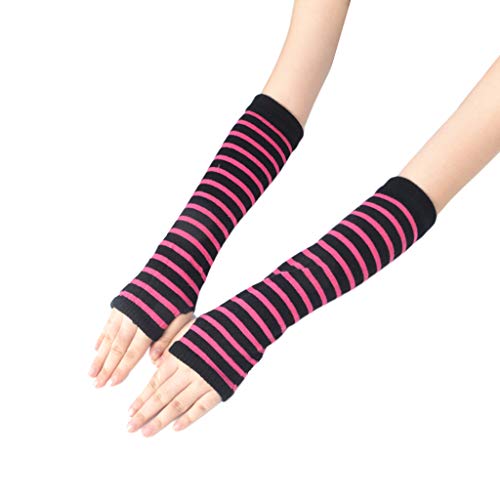 JOYKK Mujeres Niñas Guantes Largos sin Dedos de Punto Rayas Impresas hasta el Codo Invierno Estiramiento del Brazo Mangas más Calientes con Orificio para el Pulgar - 10# Rosa Rojo + Negro