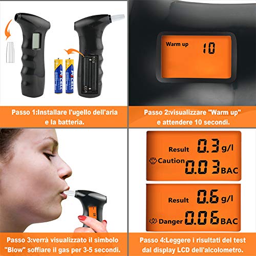 JTENG Alcoholimetro Digital Homologado, Profesional Alcoholímetro Portátil Alcoholímetro Respiratorio Digital Portátil con Pantalla LCD Incluye Semi-Conductor de la Tecnología de Sensor (1#)