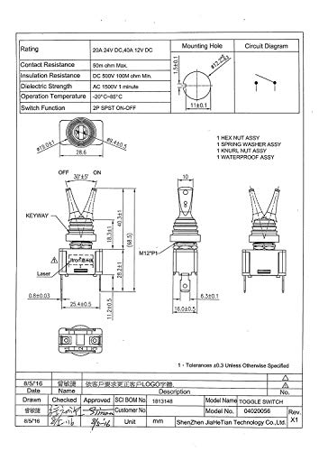 Jtron 12v 40A/24v 20A Interruptor de palanca a prueba de agua Encendido-Apagado 2P SPST 12MM para tablero de automóvil modificado 2P SPST