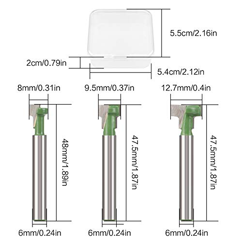 Jubaopen 3PCS 6mm Fresa Madera Broca Fresadora Broca Fresadora Madera Ranura en T Brocas para Esquinas y Ranuras Tornillo Hexagonal 5/16 3/8 1/2 Madera Maciza, Tableros de Partículas (Acero carbono)