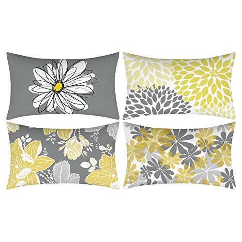 Juego de 4 Fundas de Cojín, Gris y Amarillo, Moderno Daisy con Bonita Flor Blanca Sofá de Mano Fundas de Cojín Decorativas para Sofá (30x50)