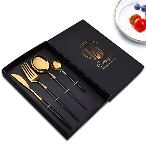 Juego de cubiertos,Cubertería acero inoxidable de 4 piezas con Cuchillos Chuleteros, Tenedores, cuchara para la cena y cucharadita, Embalaje de regalo, apto para todo tipo de escenas(Mango negro)