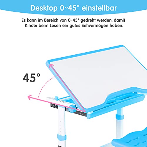 Juego de Escritorio para Niños Altura Ajustable, Conjunto de Mesa y Silla para Niños Estudiantes Silla y Escritorio Infantil con Escritorio Inclinable Sujetarrollos de Papel y Portavasos (Azul)