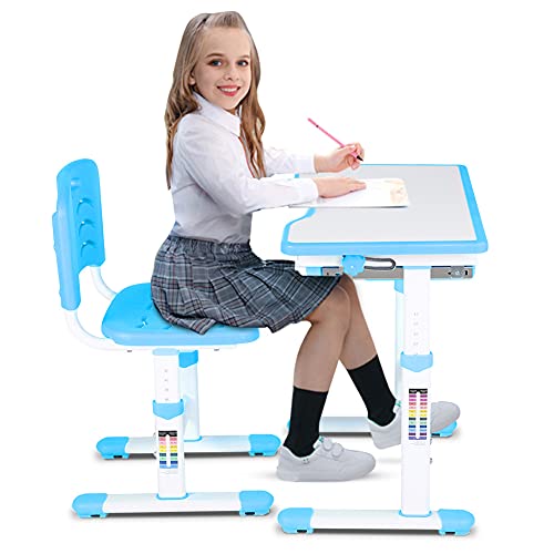 Juego de Escritorio para Niños Altura Ajustable, Conjunto de Mesa y Silla para Niños Estudiantes Silla y Escritorio Infantil con Escritorio Inclinable Sujetarrollos de Papel y Portavasos (Azul)