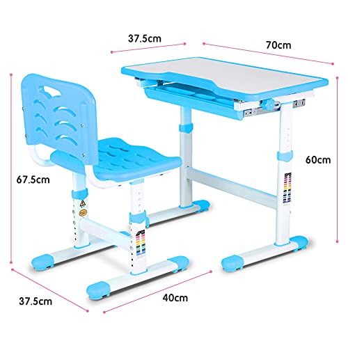 Juego de Escritorio para Niños Altura Ajustable, Conjunto de Mesa y Silla para Niños Estudiantes Silla y Escritorio Infantil con Escritorio Inclinable Sujetarrollos de Papel y Portavasos (Azul)