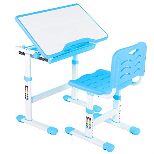 Juego de Escritorio para Niños Altura Ajustable, Conjunto de Mesa y Silla para Niños Estudiantes Silla y Escritorio Infantil con Escritorio Inclinable Sujetarrollos de Papel y Portavasos (Azul)