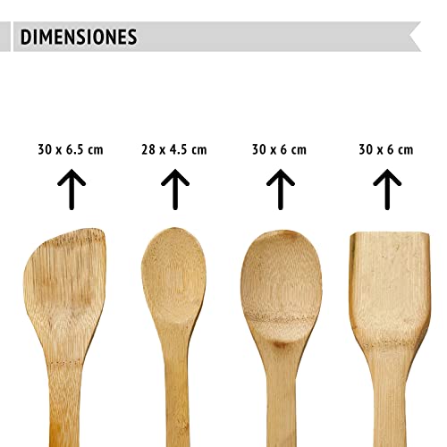 Juego utensilios de cocina de madera de bambú - 4 piezas accesorios de cocina de madera resistentes al calor y antiadherentes - cuchara, cucharon, pala y espatula de madera para cocinar (4 unidades)