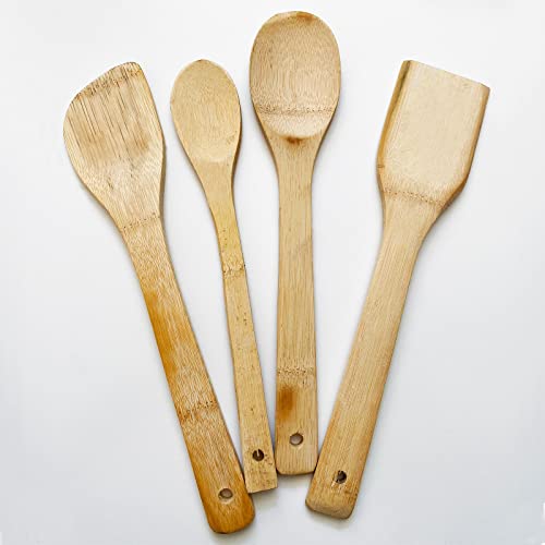 Juego utensilios de cocina de madera de bambú - 4 piezas accesorios de cocina de madera resistentes al calor y antiadherentes - cuchara, cucharon, pala y espatula de madera para cocinar (4 unidades)