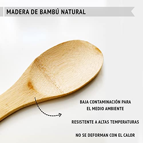 Juego utensilios de cocina de madera de bambú - 4 piezas accesorios de cocina de madera resistentes al calor y antiadherentes - cuchara, cucharon, pala y espatula de madera para cocinar (4 unidades)