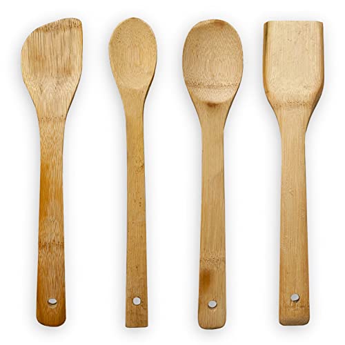 Juego utensilios de cocina de madera de bambú - 4 piezas accesorios de cocina de madera resistentes al calor y antiadherentes - cuchara, cucharon, pala y espatula de madera para cocinar (4 unidades)